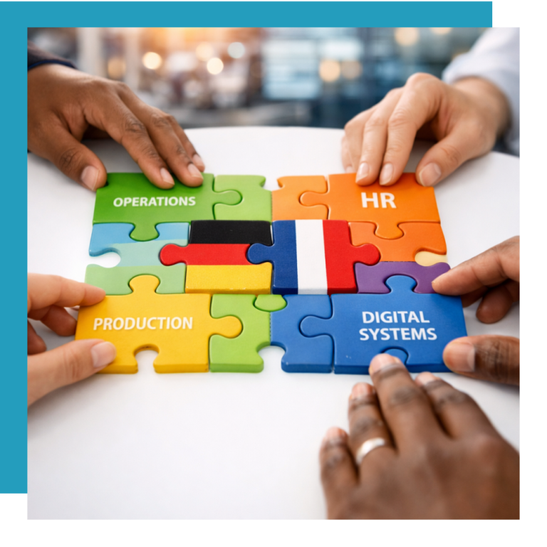 Deutsch-französische Zusammenarbeit im Unternehmen Zusammenarbeit zwischen deutschen und französischen Teams in einem Transformationsprojekt